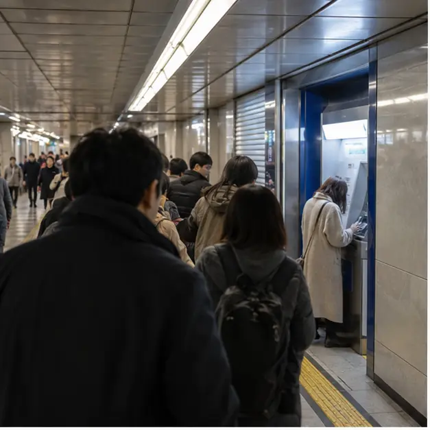 日本のATMに並ぶ人々